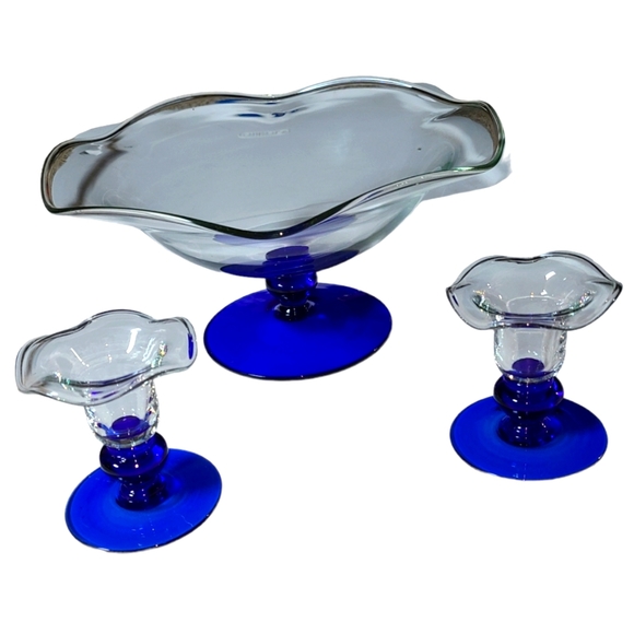 Princess House Other - Clear Glass Bowl 2 Candle Holders Cobalt Blue Pedestal Base  Princess House